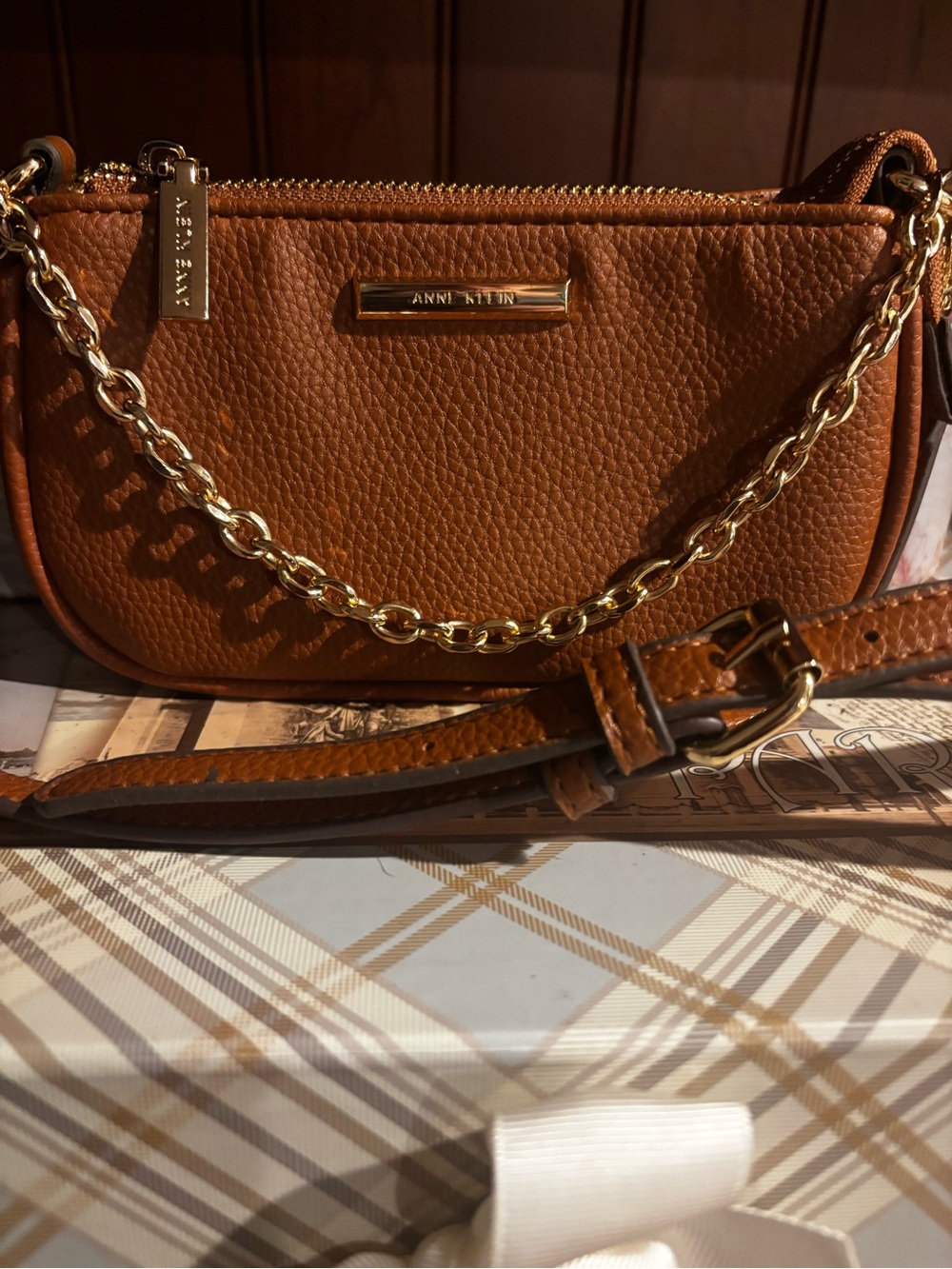 Anne Klein Caramel Tan Leather Mini Crossbody With Chain Swag NWOT